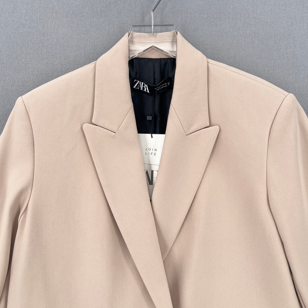 ZARA Oversized Double Breasted Blazer Womens Small Tan Long Sleeve Peaked Lapel - Picture 6 of 16